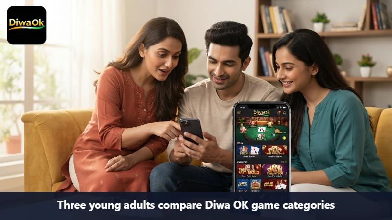 Three young adults compare Diwa OK game categories