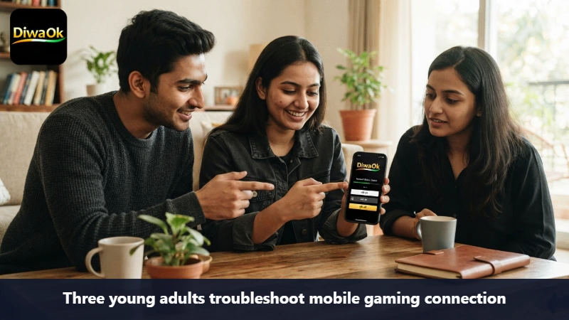 Three young adults troubleshoot mobile gaming connection